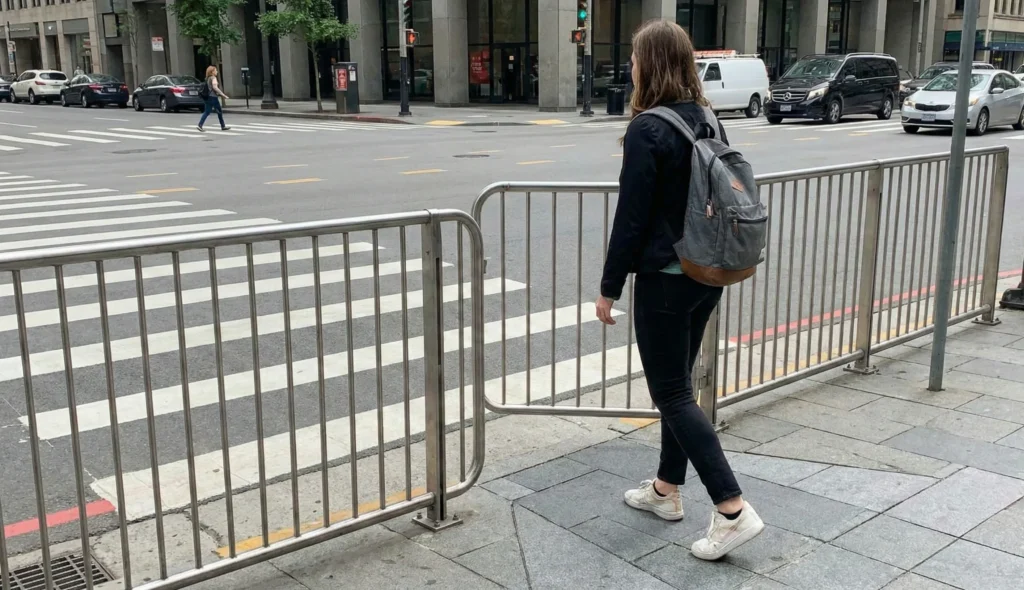Pedestrian crossing through barrier gap scaled e1766489581576