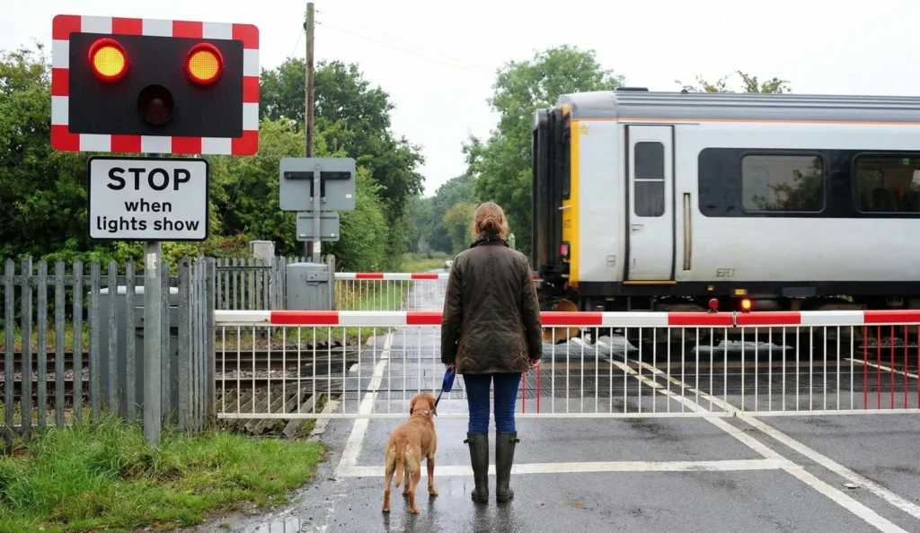 Pedestrian waiting at railway level crossing scaled e1766489863117