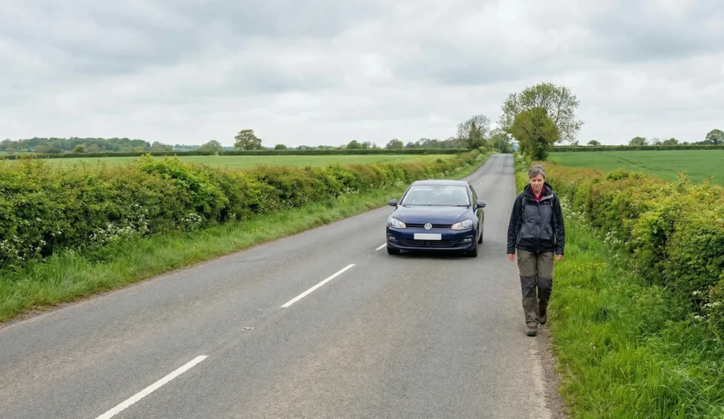 Pedestrian walking on right side of road facing traffic scaled e1766489298715