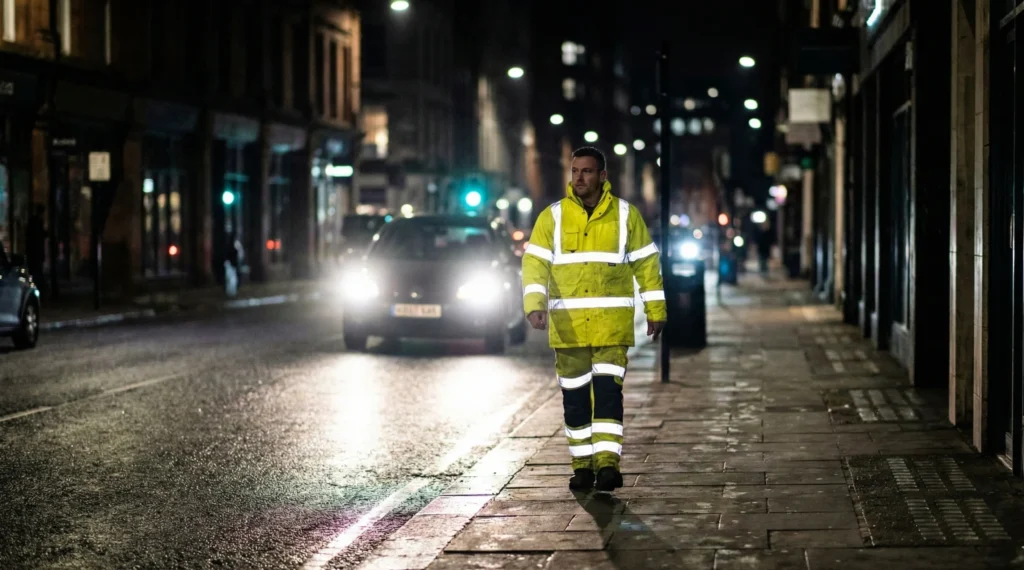 Pedestrian wearing reflective clothing at night scaled e1766489363934