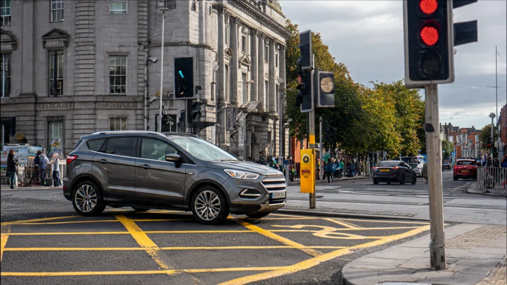 car waiting while pedestrian crosses at junction