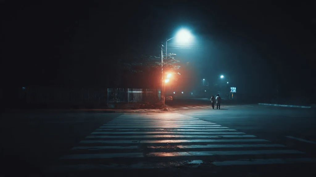 pedestrian crossing under street light at night