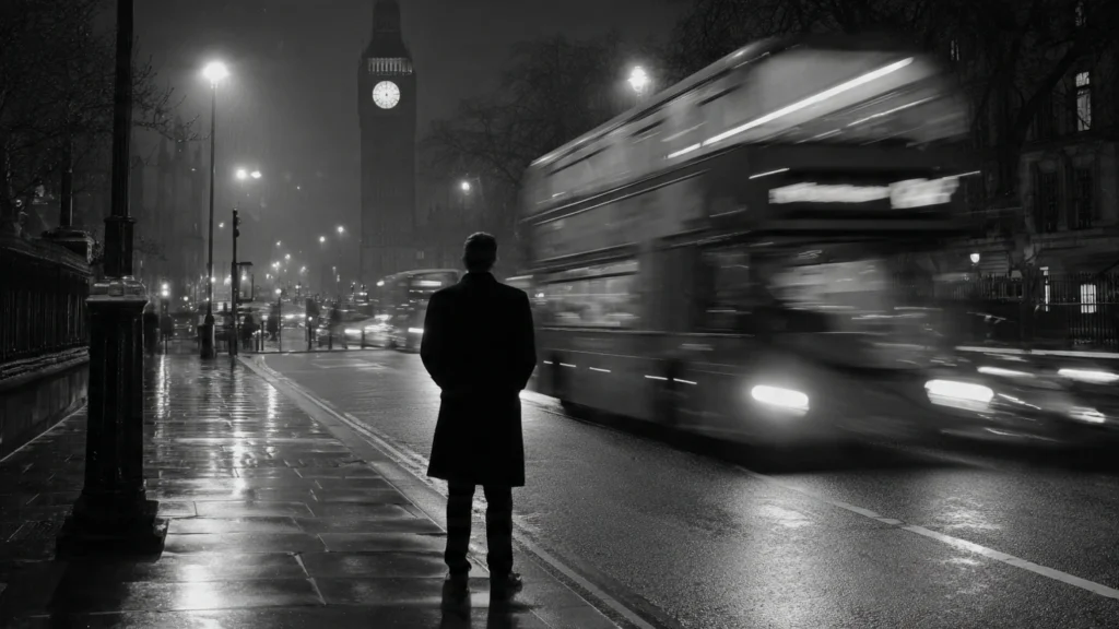 pedestrian waiting until bus moves away